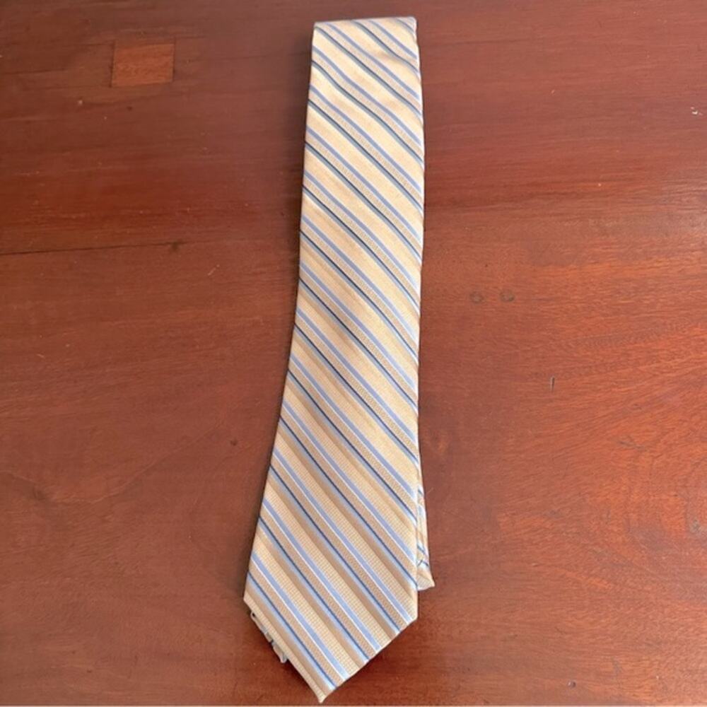 Croft & Barrow 100% Silk Tan Light Blue Mens Diagonal Stripe Tie Retro NWOT